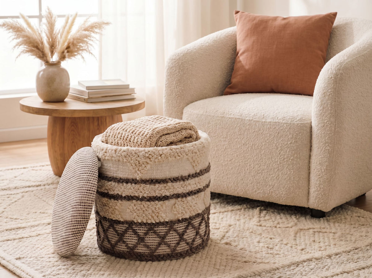 Zitpoef met opbergruimte van wol 40cm Beige Stof Rond