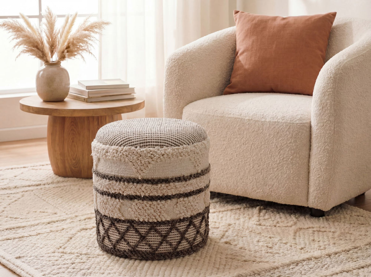 Zitpoef met opbergruimte van wol 40cm Beige Stof Rond