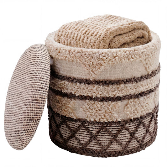 Zitpoef met opbergruimte van wol 40cm Beige Stof Rond
