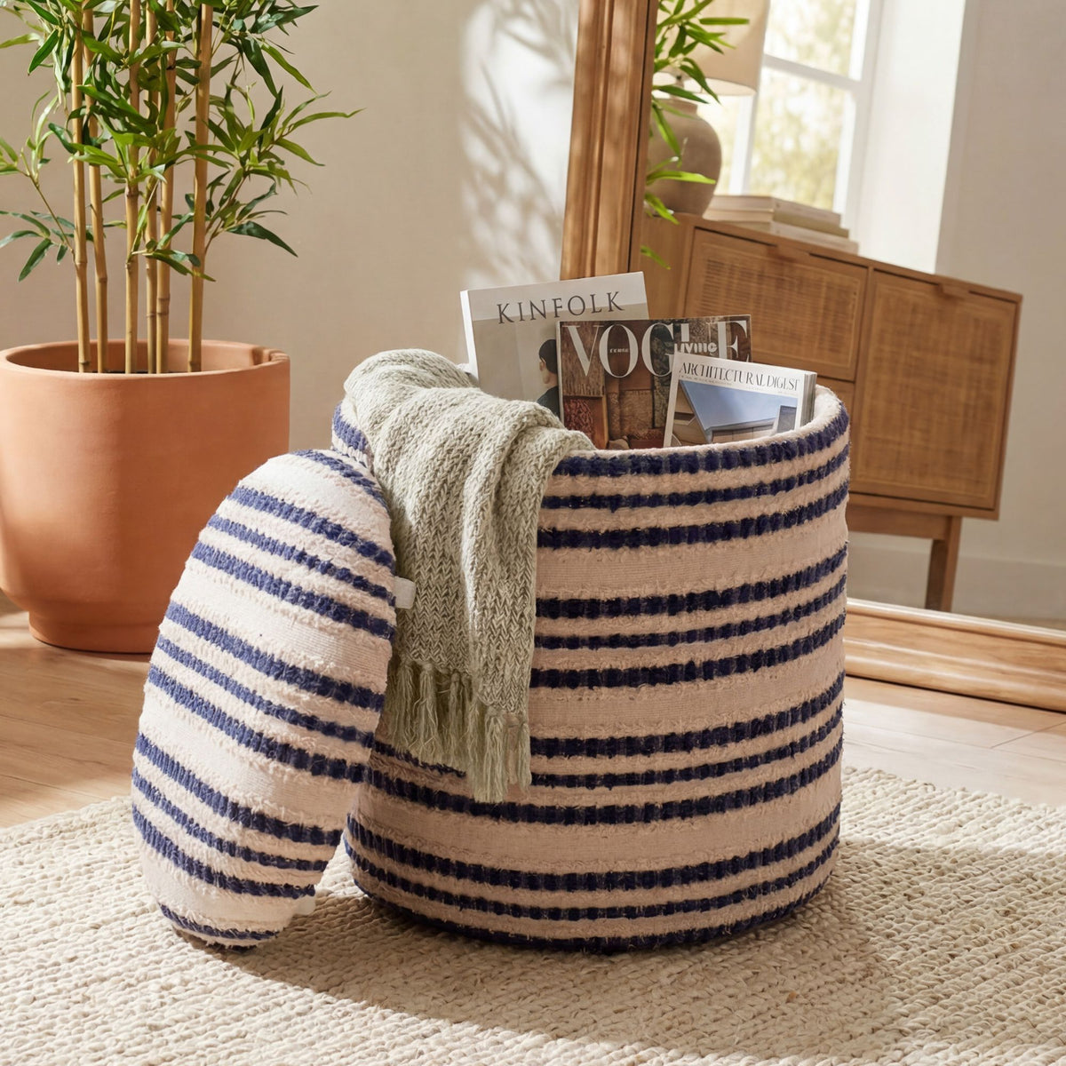 Zitpoef met opbergruimte van katoen 40cm Beige Stof Rond