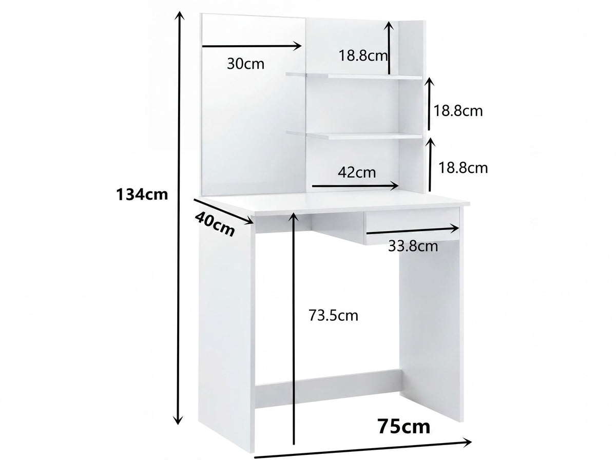 Kaptafel 75cm Wit Cosmetische Tafel Modern - Kaptafel met Spiegel en Plank