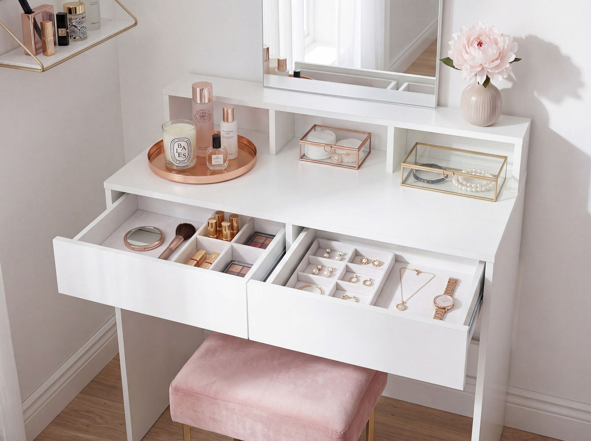 Kaptafel 80cm Wit Cosmetische Tafel Modern - Toilettafel met Spiegel en Plank