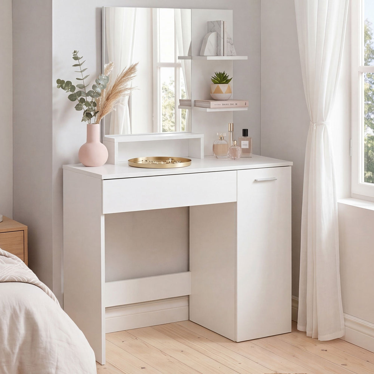 Kaptafel 90cm Wit Make-uptafel Modern - Toilettafel met Spiegel en Plank