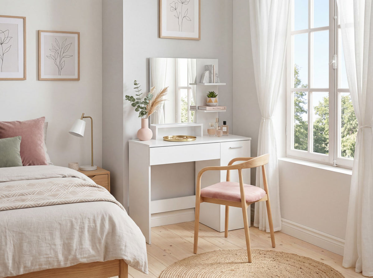 Kaptafel 90cm Wit Make-uptafel Modern - Toilettafel met Spiegel en Plank