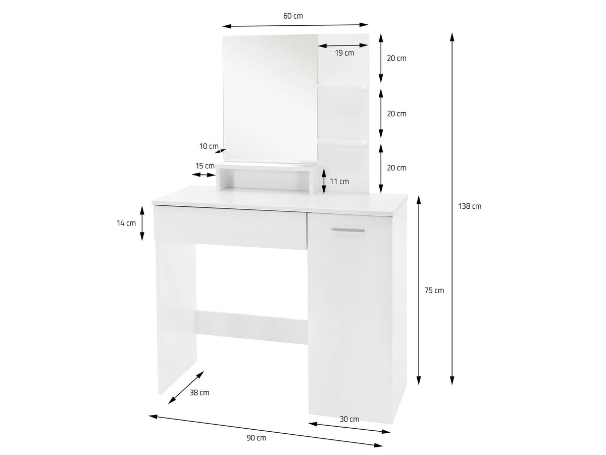 Kaptafel 90cm Wit Make-uptafel Modern - Toilettafel met Spiegel en Plank