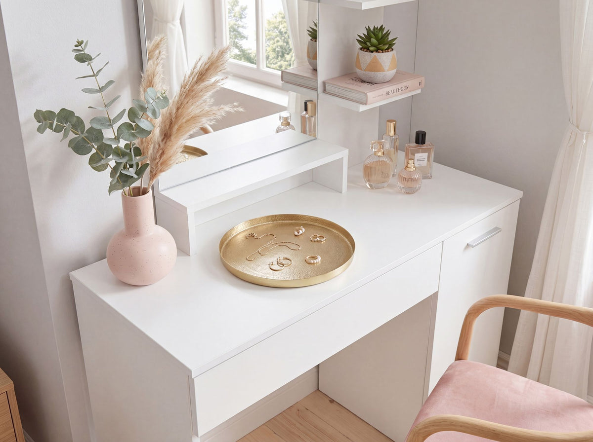 Kaptafel 90cm Wit Make-uptafel Modern - Toilettafel met Spiegel en Plank