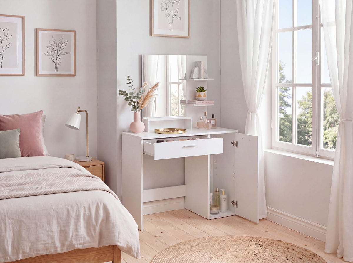Kaptafel 90cm Wit Make-uptafel Modern - Toilettafel met Spiegel en Plank