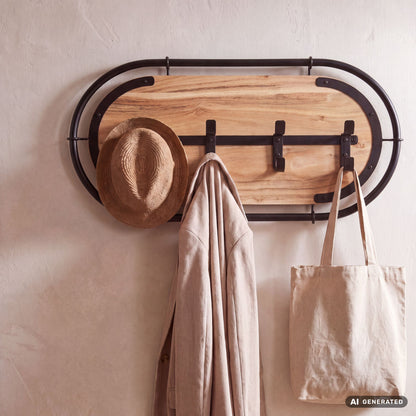 Wandkapstok Acacia Massiefhout 60cm - Modern Kapstokpaneel Hangkapstok met 4 Haken