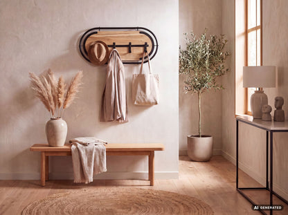 Wandkapstok Acacia Massiefhout 60cm - Modern Kapstokpaneel Hangkapstok met 4 Haken
