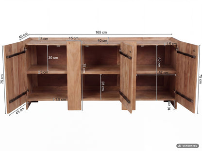 Dressoir Acacia Massief Hout 165cm - Dressoir met 3 Deuren