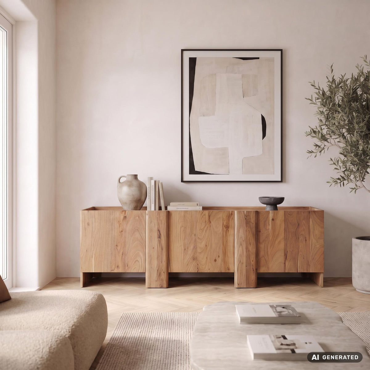 Sideboard Acacia Massief Hout 165cm - Laag Dressoir met 3 Deuren