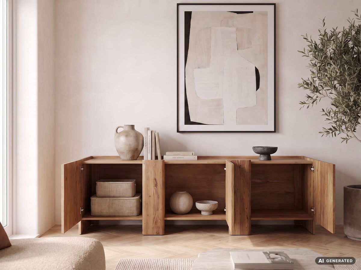 Sideboard Acacia Massief Hout 165cm - Laag Dressoir met 3 Deuren