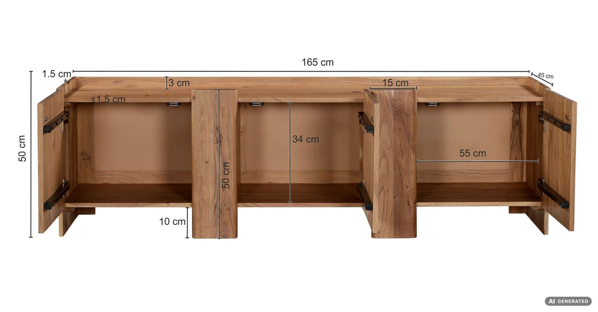Sideboard Acacia Massief Hout 165cm - Laag Dressoir met 3 Deuren