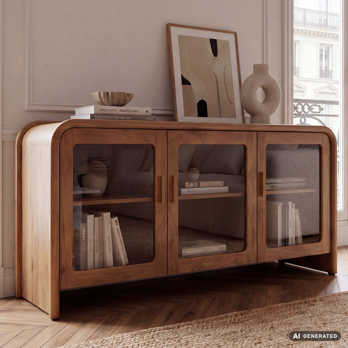Dressoir Mango Massief Hout 160cm - Dressoir met 3 Glazen Deuren