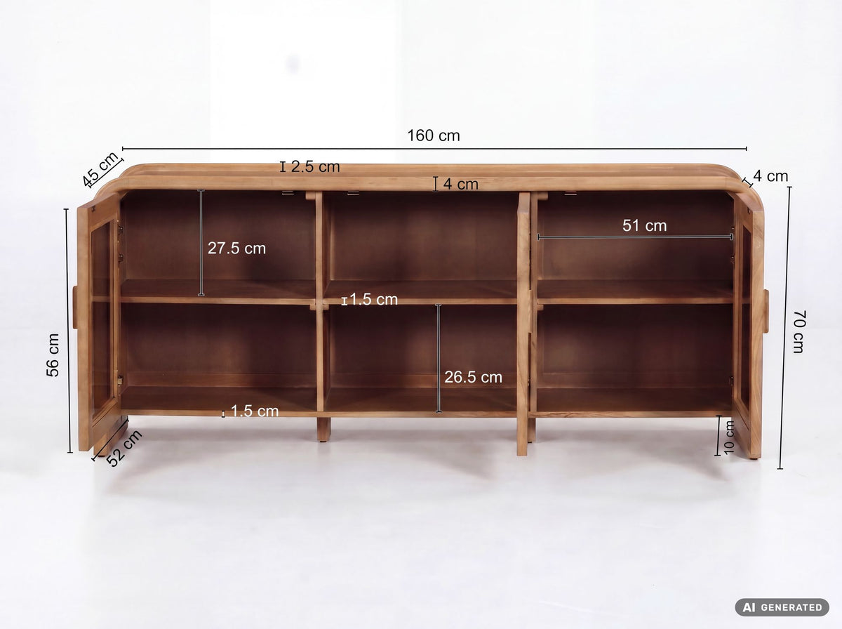 Dressoir Mango Massief Hout 160cm - Dressoir met 3 Glazen Deuren