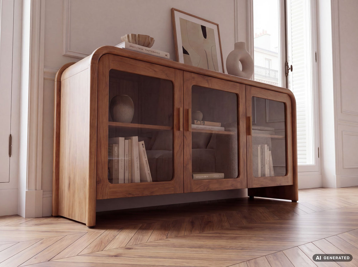 Dressoir Mango Massief Hout 160cm - Dressoir met 3 Glazen Deuren