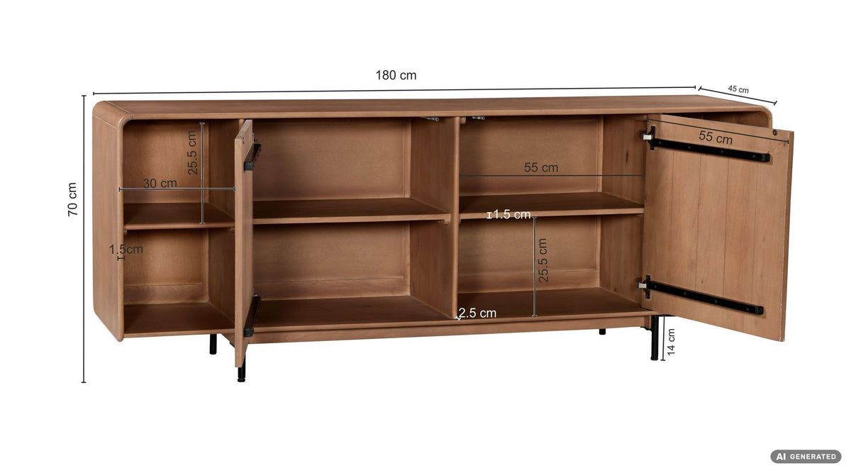 Sideboard Mango Massiefhout 180cm - Dressoir met 2 deuren en rek