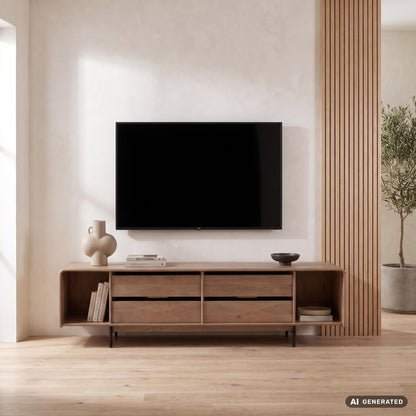 Lowboard 180cm TV-meubel Mango Massiefhout Rechthoekig met 4 Lades - Design TV-kast