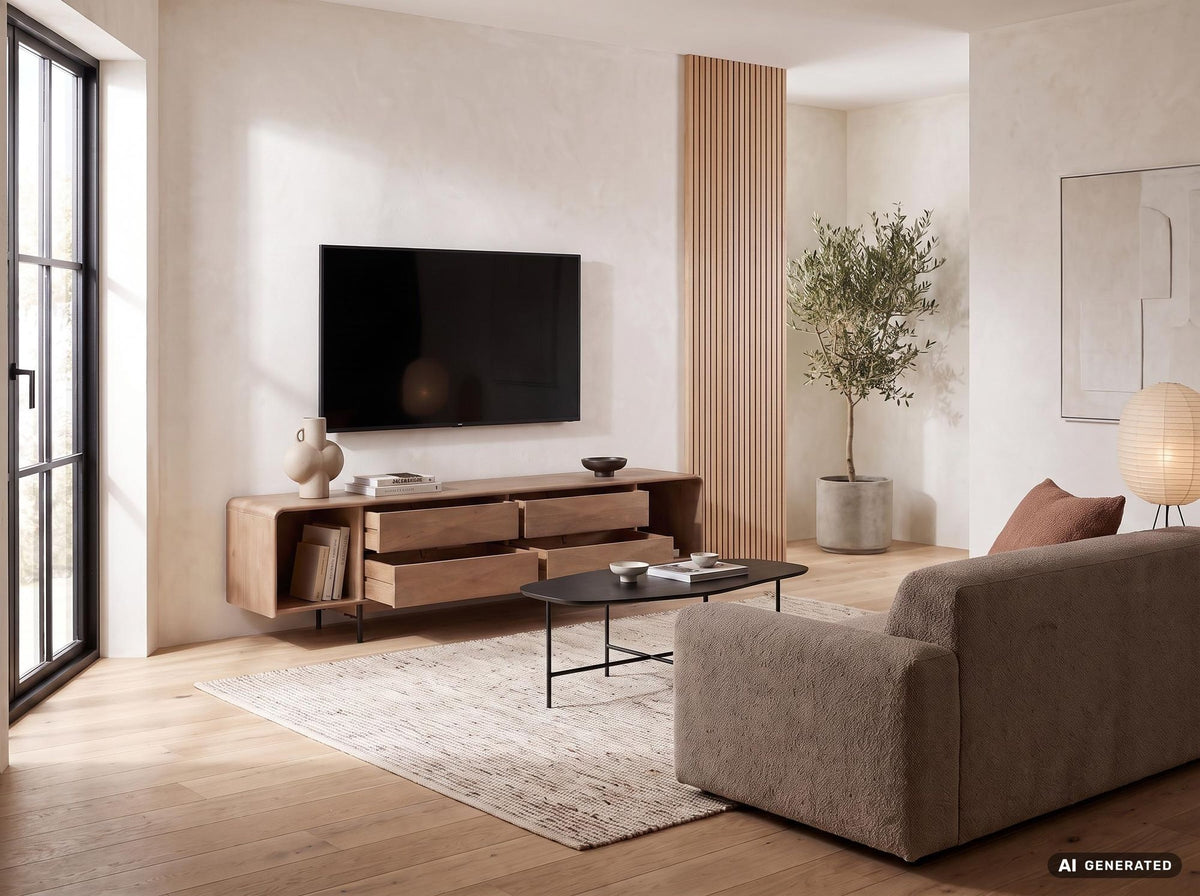 Lowboard 180cm TV-meubel Mango Massiefhout Rechthoekig met 4 Lades - Design TV-kast