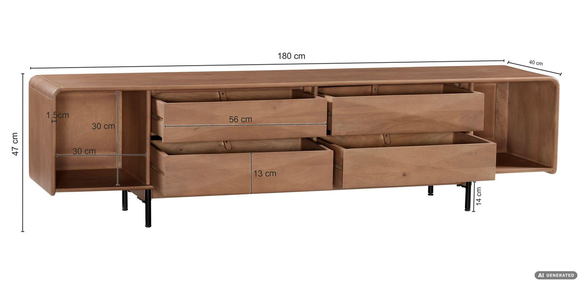 Lowboard 180cm TV-meubel Mango Massiefhout Rechthoekig met 4 Lades - Design TV-kast