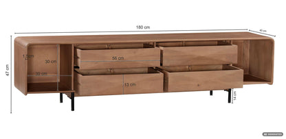 Lowboard 180cm TV-meubel Mango Massiefhout Rechthoekig met 4 Lades - Design TV-kast