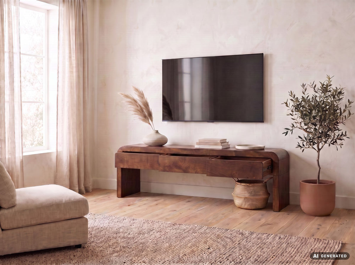 Lowboard 160cm TV-meubel Mango Massiefhout Rechthoekig met 3 Lades - Design TV-kast