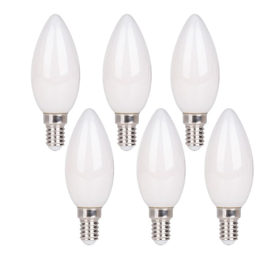 6 Set LED -lamp met E14 -aansluiting, kaarsenvorm 4 watt, gemaakt van metaal en glas, melkachtig