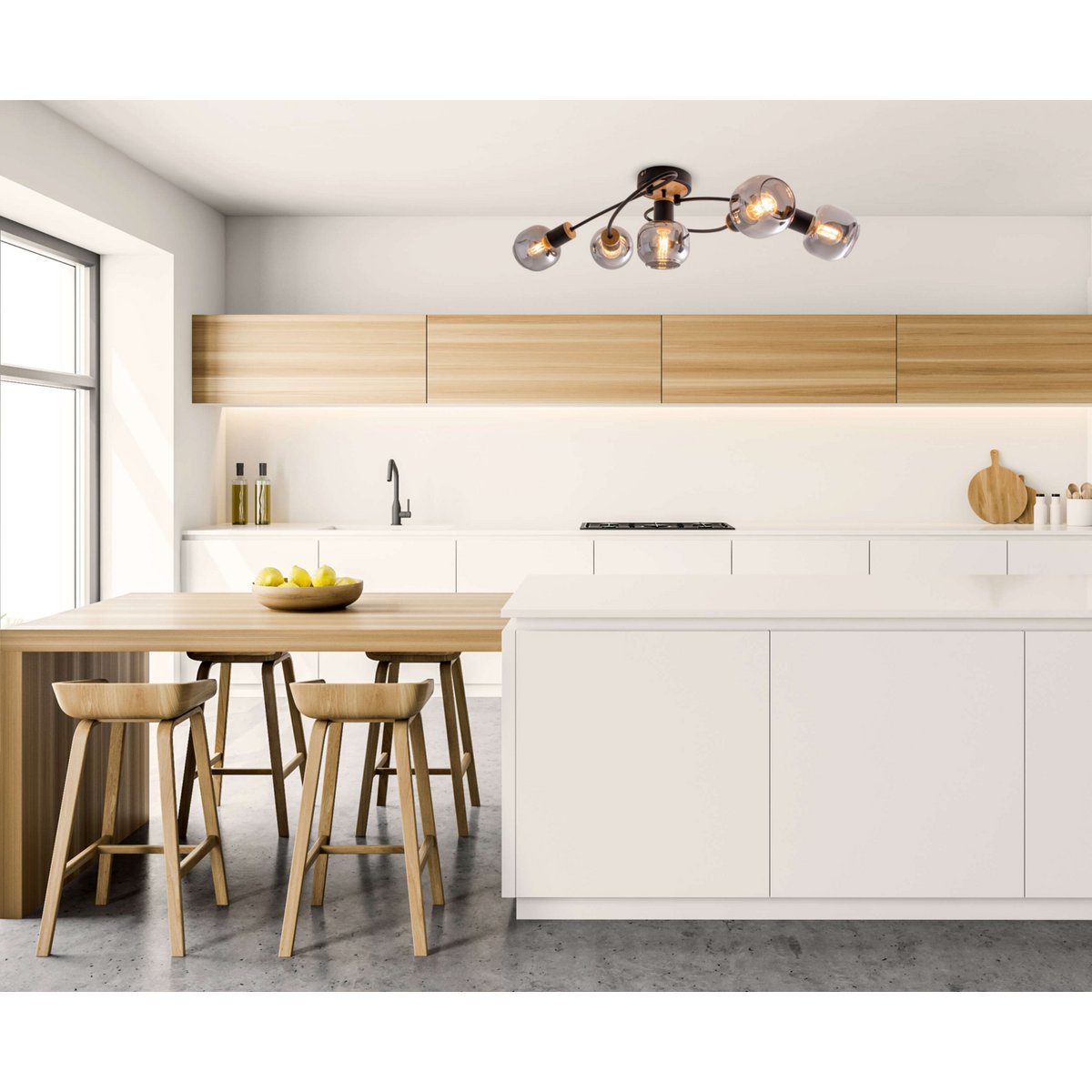 5 plafondlamp "fumoso", metalen plafondlamp en glas in zwart, met E14 -aansluiting, voor eetkamer, woonkamer, hal of kantoor, plafondlamp 65,6 x 25,5 cm