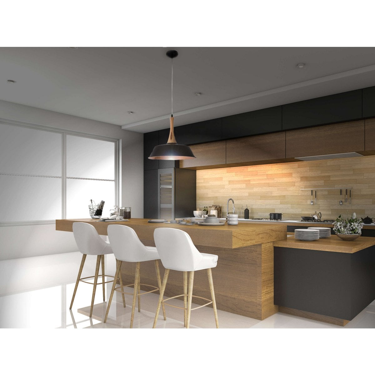 Hanger lamp "culum" Ø 36 cm gemaakt van metaal in zwart en koper, met hout, E27