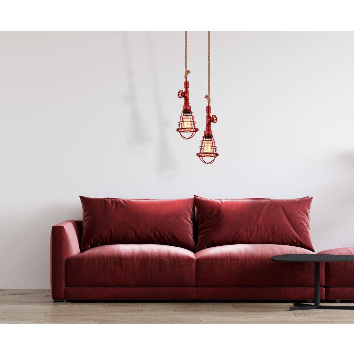 Hanger lamp "regia", rood metaal, henneptouw, E27 -versie, verlichting voor woonkamer, jeugdruimte of kantoor