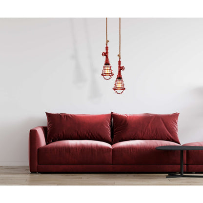 Hanger lamp "regia", rood metaal, henneptouw, E27 -versie, verlichting voor woonkamer, jeugdruimte of kantoor