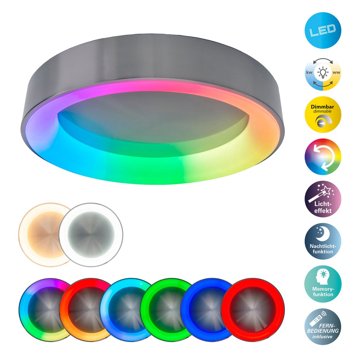 LED -plafondlamp "multo" Ø 46,5 cm, veel functies, gemaakt van metaal en plastic, met geïntegreerde LED's, verlichting voor woonkamer, kantoor of nachtkastje