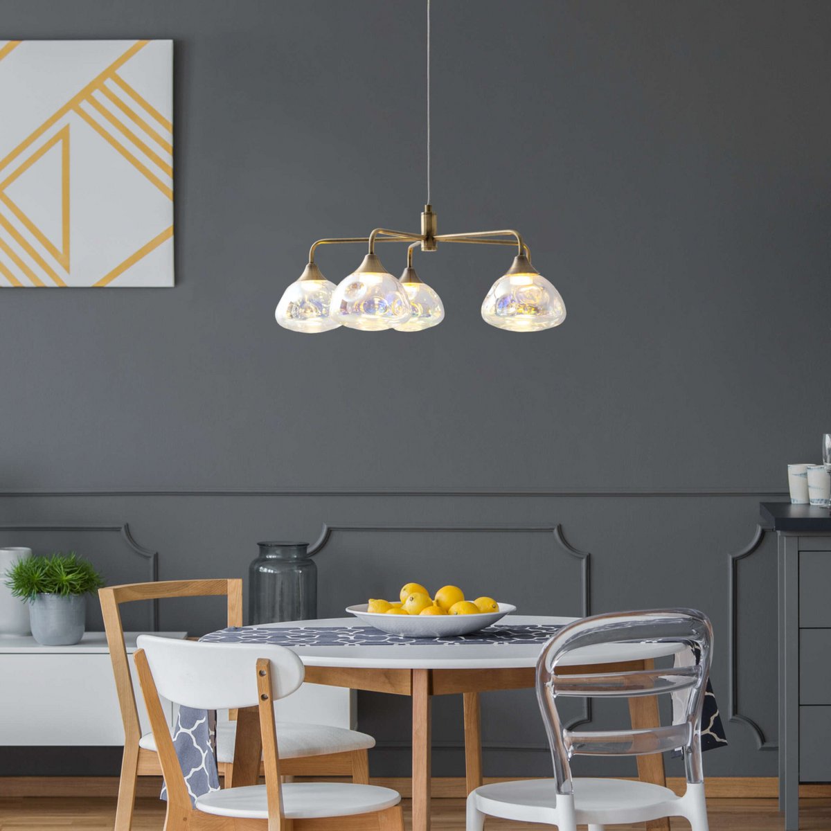 LED-hanger Lamp 5-Flame "Varna", hanglamp gemaakt van messing gekleurd metaal- en irisglas, stevig ingebouwde LED's, 50 cm diameter, stijlvolle verlichting voor woonkamer, eetkamer of gang