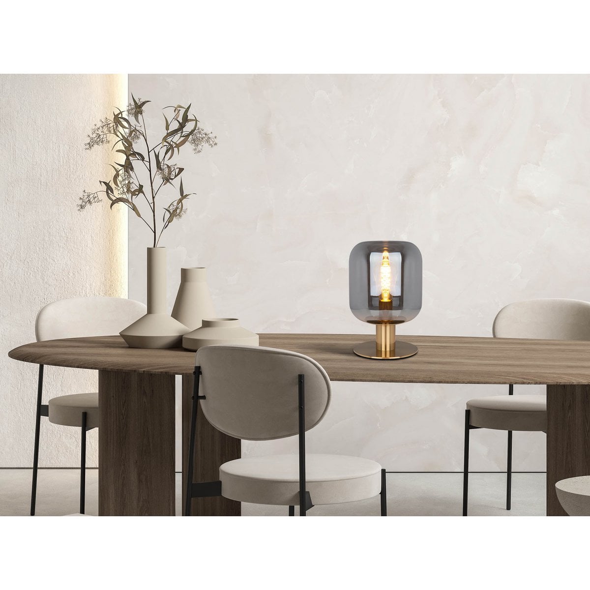 Glazen tafellicht "Alessio", 30 cm hoog, Ø 20 cm, goudkleurig metaal, rookglas, E14