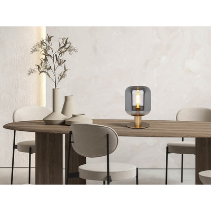 Glazen tafellicht "Alessio", 30 cm hoog, Ø 20 cm, goudkleurig metaal, rookglas, E14