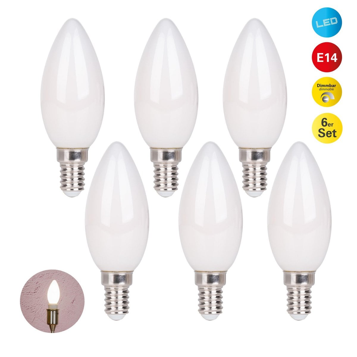 6 Set LED -lamp met E14 -aansluiting, kaarsenvorm 4 watt, gemaakt van metaal en glas, melkachtig
