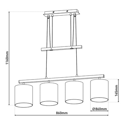 4 hanglamp "tilde", klassieke metalen slinger lamp en textiel in grijs en wit, met E27 -frame, hoogte verstelbaar, 86 cm lang, ideaal als eetlamp