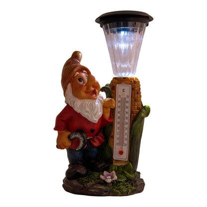 LED -decoratie Solar Light "Dwarf" met thermometer gemaakt van geschilderde polyresin, ongeveer 26 cm hoog en uitgerust met stevig geïnstalleerde LED's