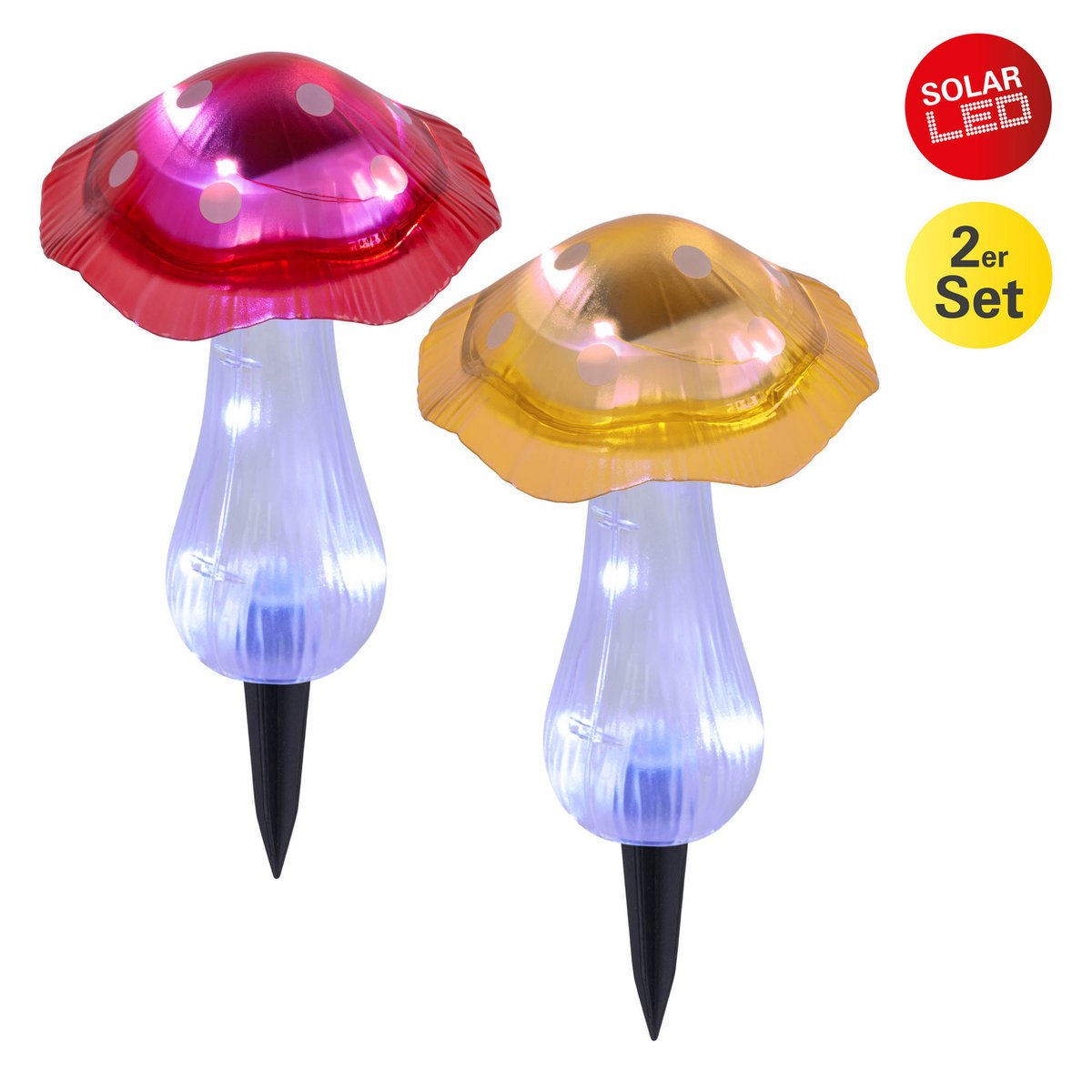 Zonne -decoratieve spiesjes zetten "mantar" Ø 13 cm, 29 cm hoog, transparant plastic in rood, geel en heldere, geïntegreerde LED's, koud wit "