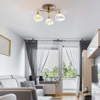 LED-plafondlamp 3-flame "varna", plafondlamp gemaakt van messing gekleurd metaal en irisglas, met stevig ingebouwde LED's, een diameter van 42 cm, stijlvolle verlichting voor woonkamer, eetkamer of gang