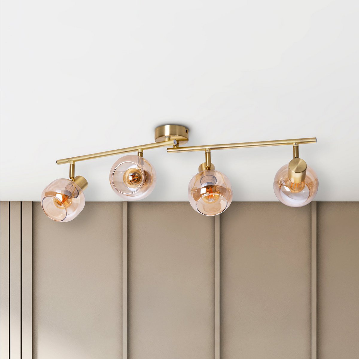 4er spot/plafondlamp "libby", klassieke plafondlamp gemaakt van messing gekleurd metaal en getinte glas in barnsteen, met E14-aansluiting, voor eetkamer, woonkamer, gang of kantoor, 80 cm lang