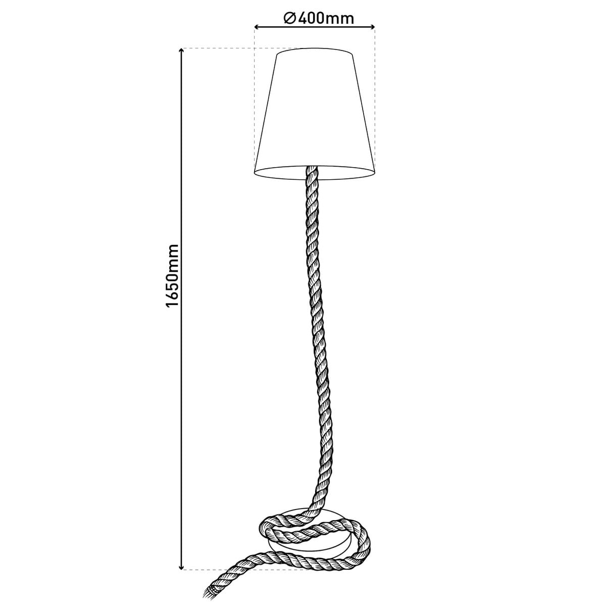 Staande lamp "touw" gemaakt van metaal, plastic, jute en textielmateriaal in de natuur, met E27 -versie, verlichting voor woonkamer, eetkamer of kantoor, 165 cm hoog