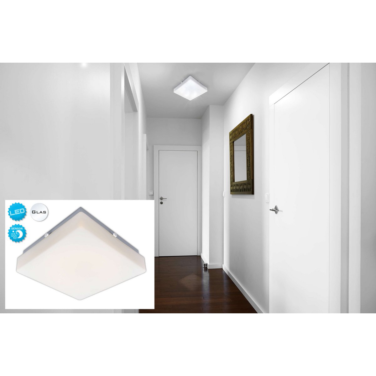 LED -plafondlamp "Trondheim" met sensor, 25 x 25 cm, met stevig gebouwd -in LED