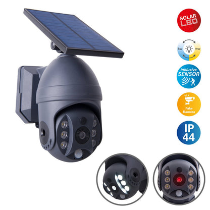 LED -zonne -buitenwandlamp "Moho" met bewegingsdetector en beveiligingscamera -vouw, wandlicht gemaakt van plastic in grijs, met geïntegreerde LED