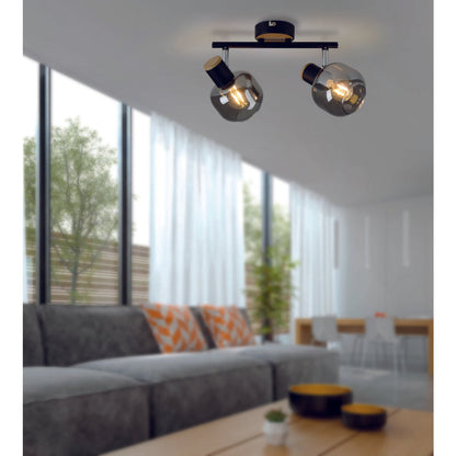 2 Spot plafondlamp "fumoso", metalen plafondlamp en rookglas in zwart en natuur, met E14 -aansluiting, voor eetkamer, woonkamer, gang of kantoor, 40 x 20 cm