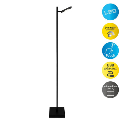 LED-batterij staande lamp "Lupa", 135 cm hoog, aluminium zwart en plastic, geïntegreerde LED's, 2400 lm, dimable, CCT-functie, 3000-6500 K, RGB lichtwisselaar