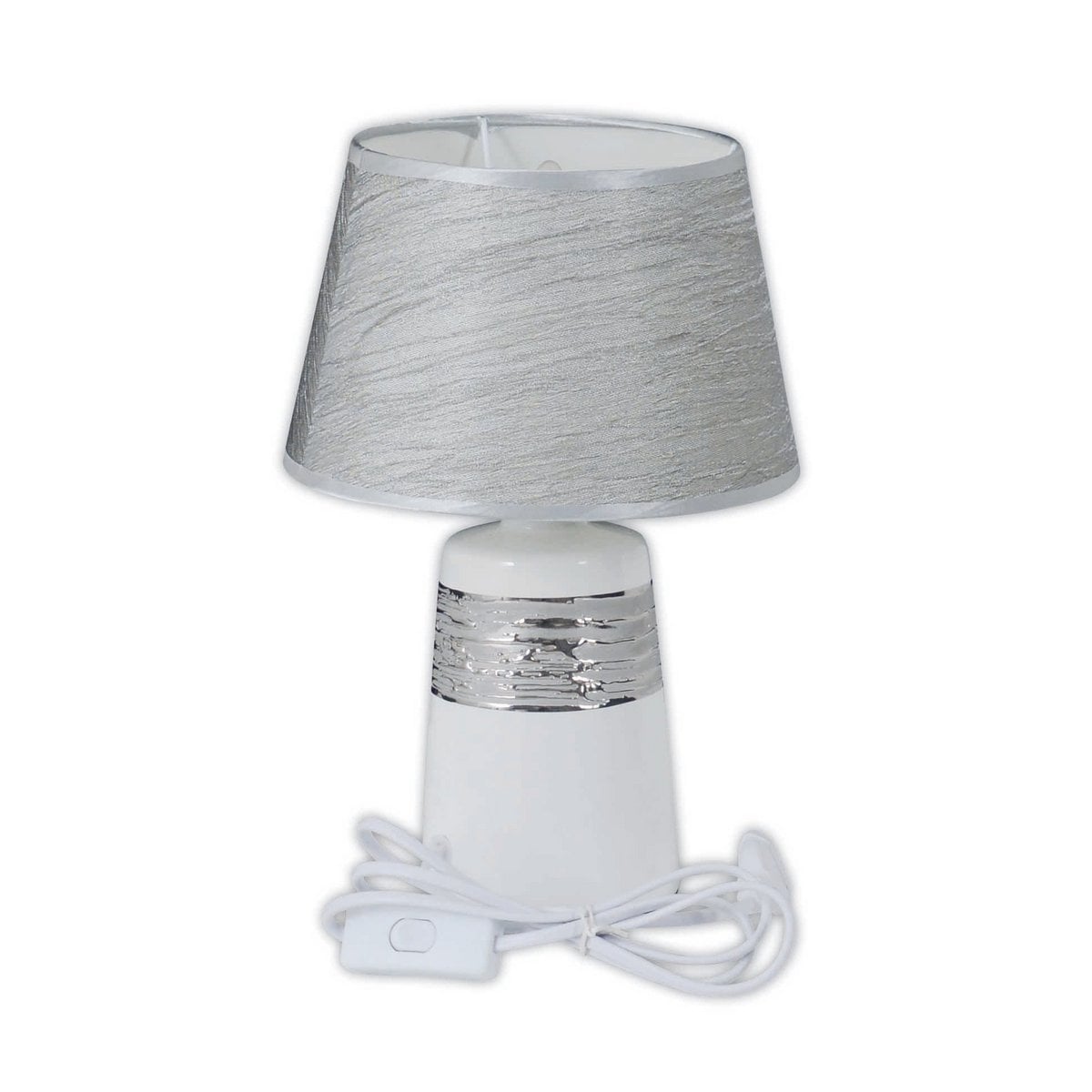 Keramische tafellamp "Vittoria" 31 cm hoog, Ø 20 cm, gemaakt van keramiek, metaal en stof gemaakt van polyester, wit en zilver