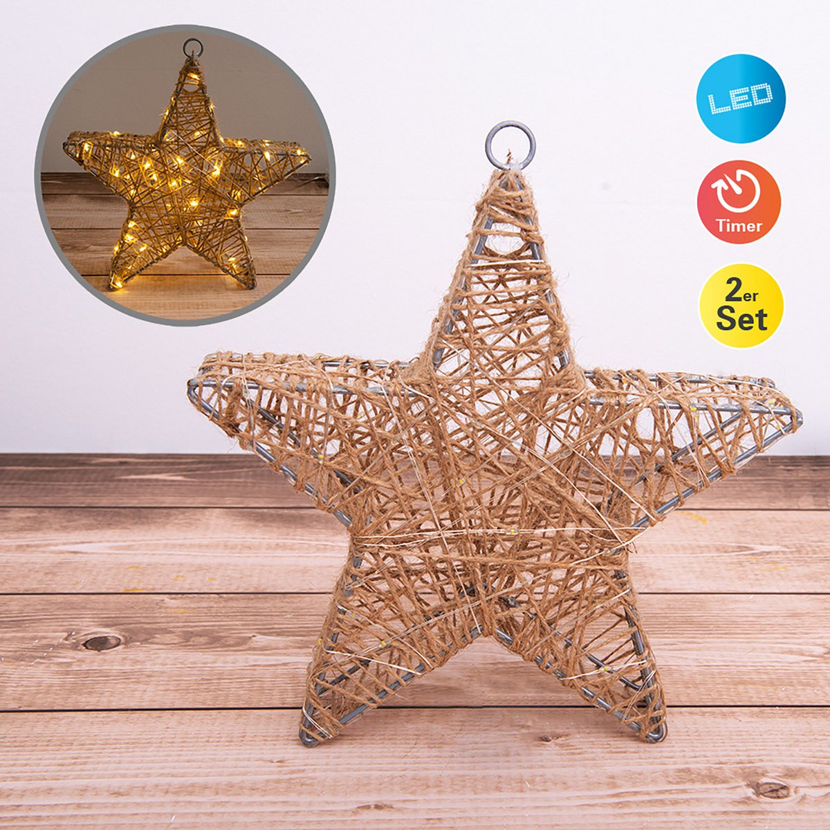 2 Set LED-kerstdecoratie "Metal Star" Ø 25 cm-Christmas Decoraties gemaakt van metaal en textiel in de natuur, met stevig ingebouwde LED's