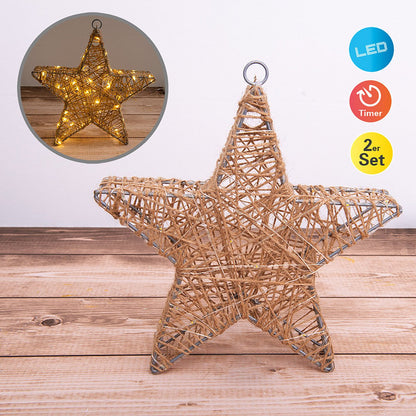 2 Set LED-kerstdecoratie "Metal Star" Ø 25 cm-Christmas Decoraties gemaakt van metaal en textiel in de natuur, met stevig ingebouwde LED's
