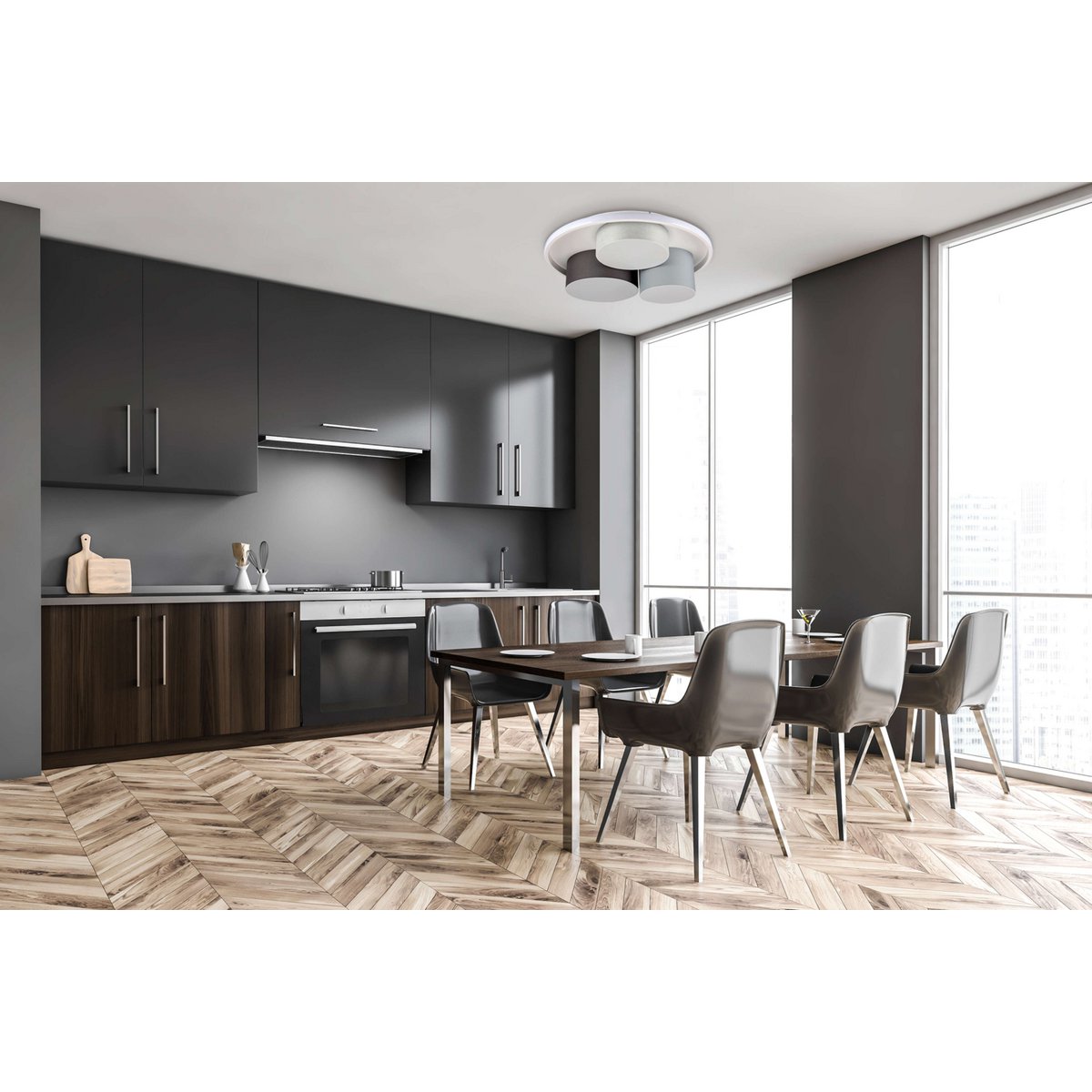 3-geleide plafondlicht "Eppan" Ø 56 cm, gemaakt van metaal, plastic en textiel in grijs, geïntegreerde LED's, verlichting voor woonkamer, kantoor of toegangsruimte